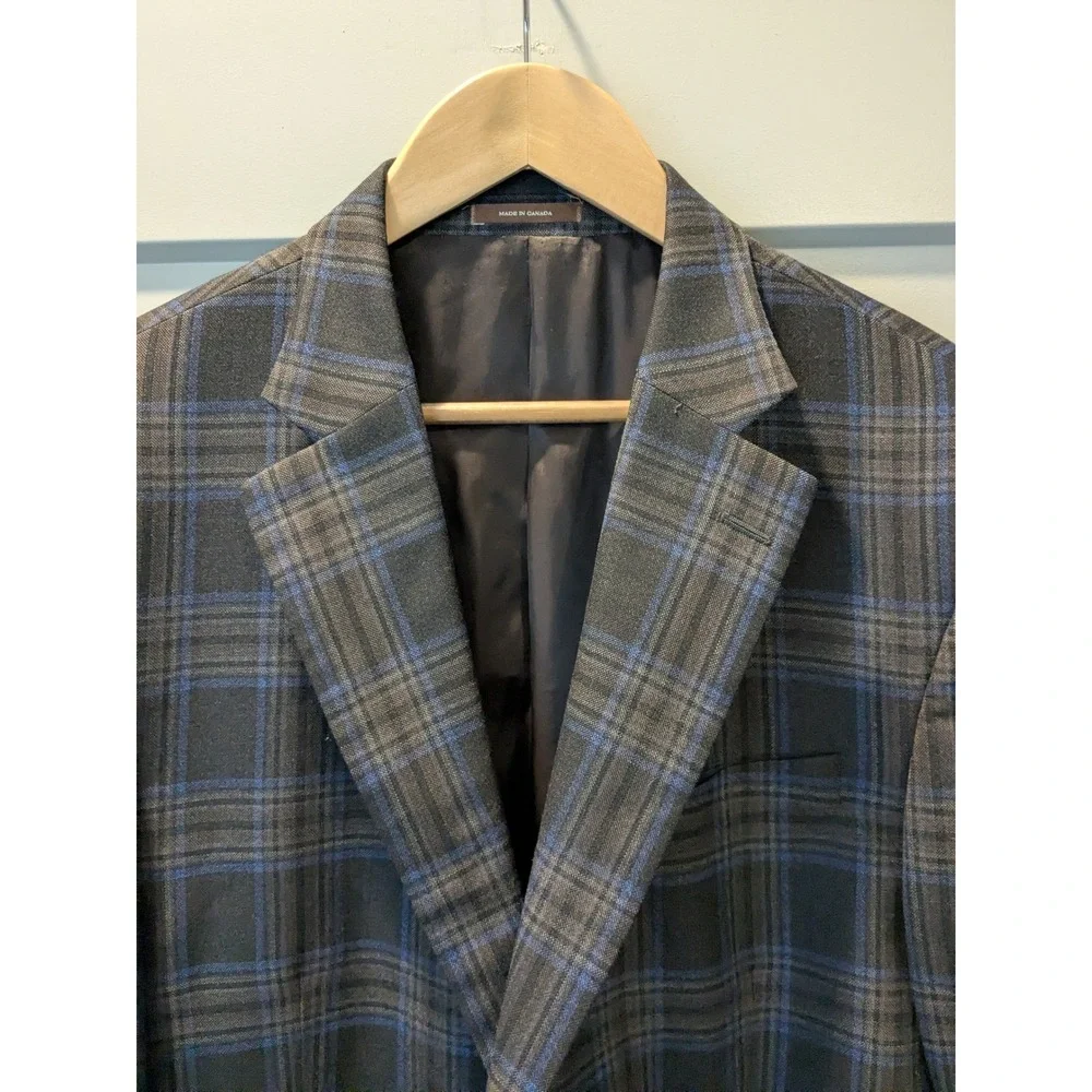 Peter Millar Plaid Sport Coat Blazer Men Charcoal Blue Wool Blend Two Button 44T